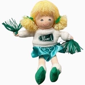 Vintage Russ Berrie Cheerleader Doll Blonde Hair Green White Hanging Plush 7”